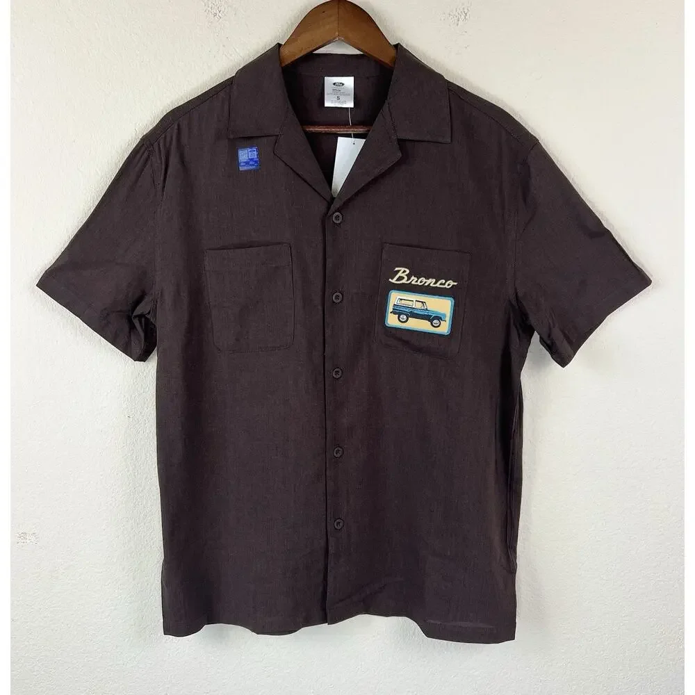 Men’s Ford Bronco 1966 Graphic Button Shirt S Back Print Retro Short Sleeve